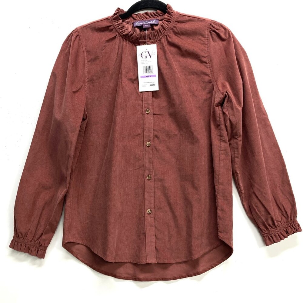 Gloria Vanderbilt Corduroy Top,‎ Sz Small, "Apple Butter" Button Up Ruffles NEW